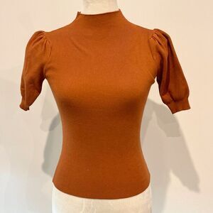 Vintage Style Muted Rust Mock stand up Neck Puff Sleeves Fitted Ribbed Knit Top